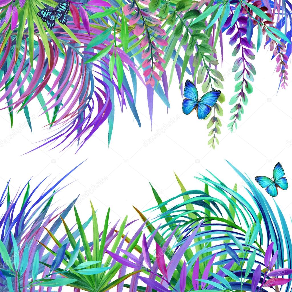 Watercolor tropical nature background. Tropical leaves, flowers and butterfly. watercolor summer floral background
