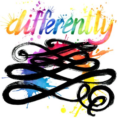 T-shirt harflerle grafik, tasarım. Farklı. Metin farklı. Sulu Boya resimde yazıt farklı. suluboya ikinci arka plan. Gökkuşağı suluboya arka plan