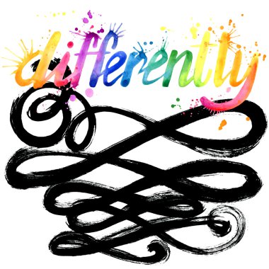 T-shirt harflerle grafik, tasarım. Farklı. Metin farklı. Sulu Boya resimde yazıt farklı. suluboya ikinci arka plan. Gökkuşağı suluboya arka plan