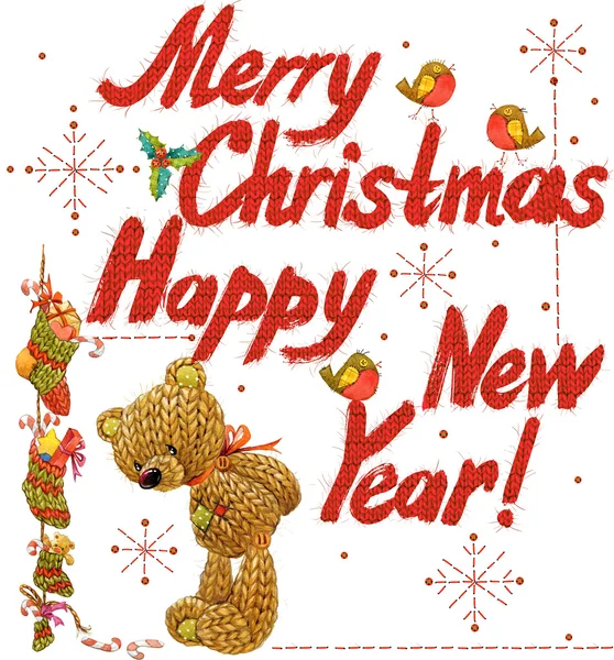 Akvarell szöveget kíván kellemes karácsonyi ünnepeket és boldog új évet. vicces játék mackó. akvarell karácsonyi háttér. Boldog Karácsonyt és vicces mackó — Stock Fotó