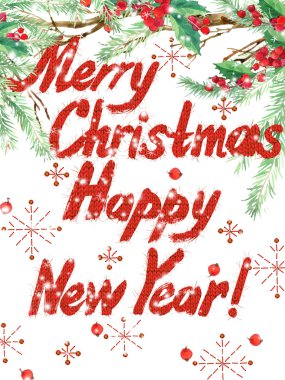 watercolor Christmas background, winter holidays background. Wish Merry Christmas and Happy New Year text. watercolor illustration Christmas tree, mistletoe branch, mistletoe berry, snowflake.
