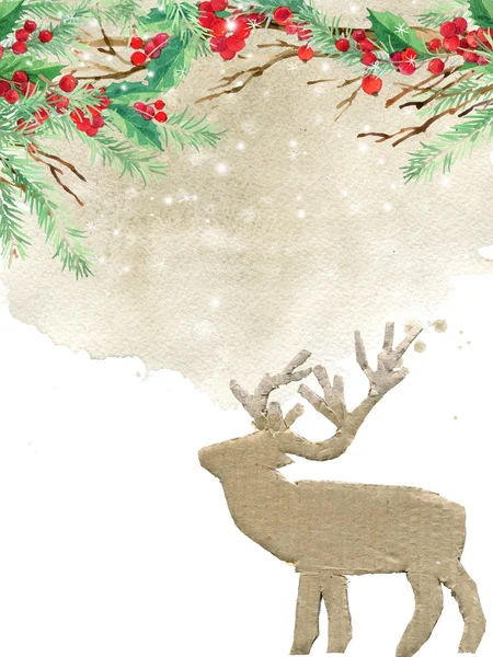 Watercolor winter holidays background. watercolor illustration Christmas tree, reindeer, mistletoe branch, mistletoe berry, snowflake. watercolor texture background — 스톡 사진