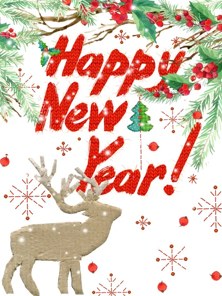 Watercolor New Year background, winter holidays background. Wish Happy New Year text. watercolor illustration Christmas tree, reindeer, mistletoe branch, mistletoe berry, snowflake. — Φωτογραφία Αρχείου