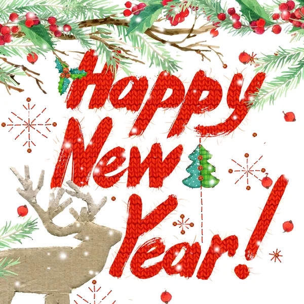 Watercolor New Year background, winter holidays background. Wish Happy New Year text. watercolor illustration Christmas tree, reindeer, mistletoe branch, mistletoe berry, snowflake. — Stock Fotó