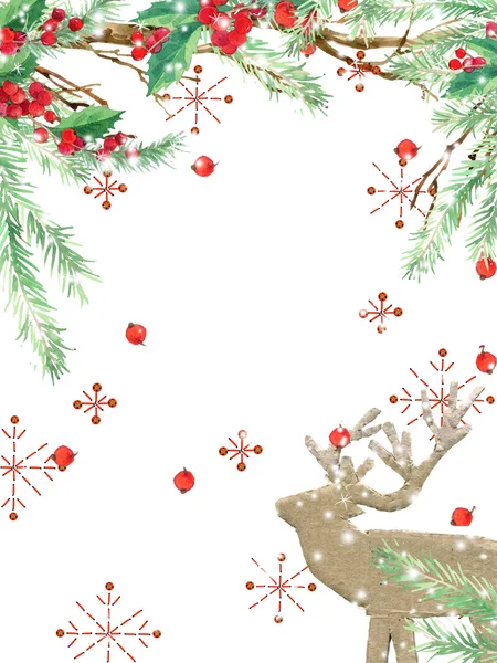 Watercolor winter holidays background. watercolor illustration Christmas tree, reindeer, mistletoe branch, mistletoe berry, snowflake. watercolor texture background — Stockfoto