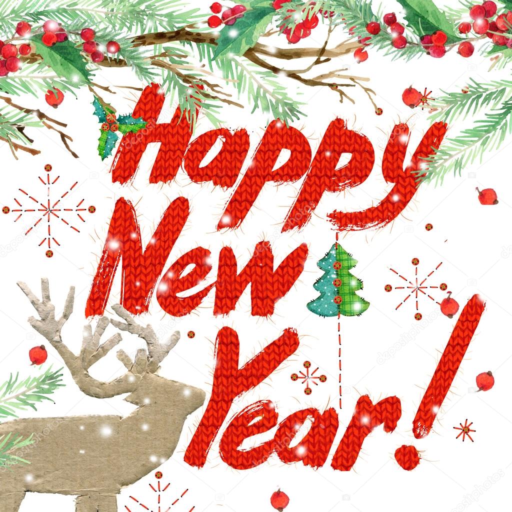 watercolor New Year background, winter holidays background. Wish Happy New Year text. watercolor illustration Christmas tree, reindeer, mistletoe branch, mistletoe berry, snowflake.