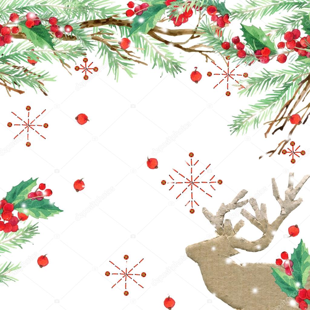 watercolor winter holidays background. watercolor illustration Christmas tree, reindeer, mistletoe branch, mistletoe berry, snowflake. watercolor texture background