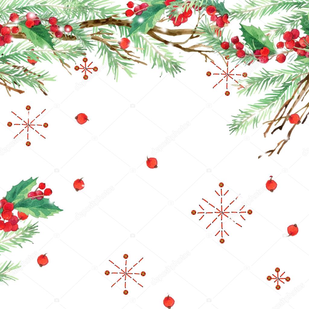 watercolor winter holidays background. watercolor illustration Christmas tree,  mistletoe branch, mistletoe berry, snowflake. Wish Merry Christmas and Happy New Year watercolor texture background
