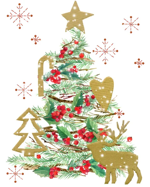 Watercolor Christmas tree. watercolor winter holidays background. illustration Christmas tree, reindeer, mistletoe branch, mistletoe berry, snowflake. watercolor texture background — Stok fotoğraf
