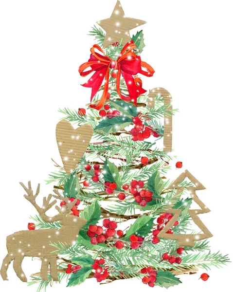 Watercolor Christmas tree. watercolor winter holidays background. illustration Christmas tree, reindeer, mistletoe branch, mistletoe berry, snowflake. watercolor texture background Royaltyfria Stockfoton