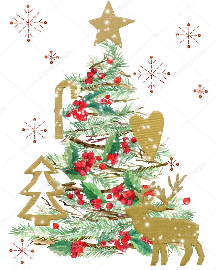 watercolor Christmas tree. watercolor winter holidays background. illustration Christmas tree, reindeer, mistletoe branch, mistletoe berry, snowflake. watercolor texture background