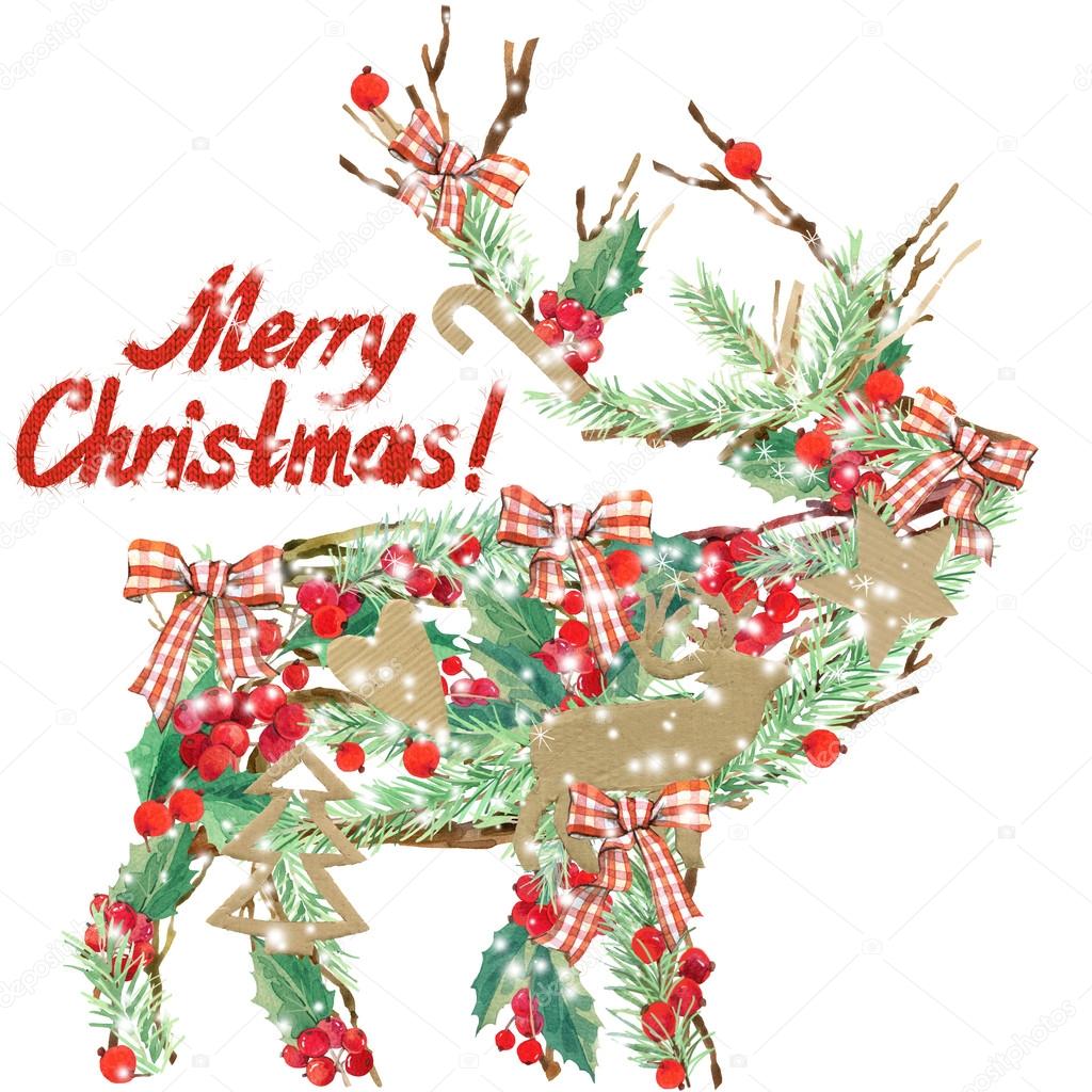 watercolor Christmas reindeer. Wish Merry Christmas text. watercolor winter holidays background. illustration Christmas tree, reindeer, mistletoe branch, mistletoe berry, snowflake.