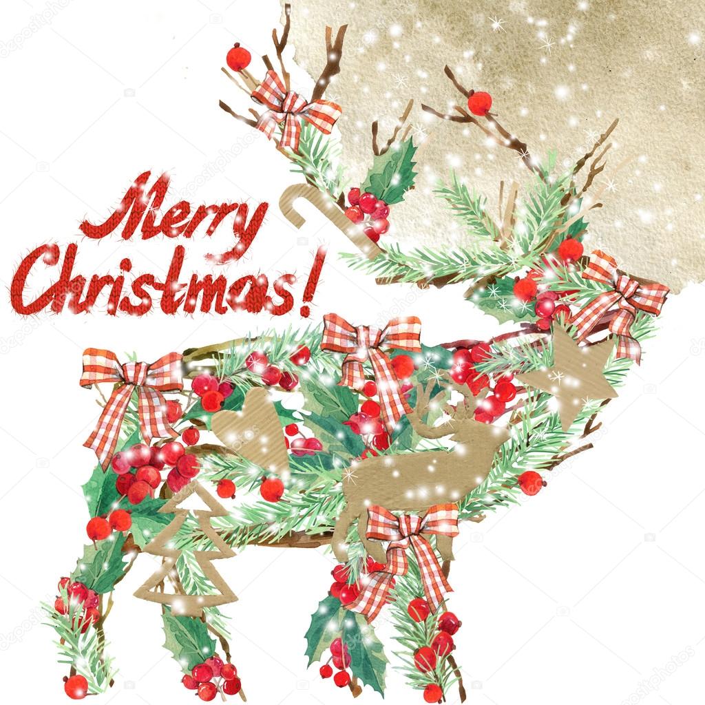 watercolor Christmas reindeer. Wish Merry Christmas text. watercolor winter holidays background. illustration Christmas tree, reindeer, mistletoe branch, mistletoe berry, snowflake.