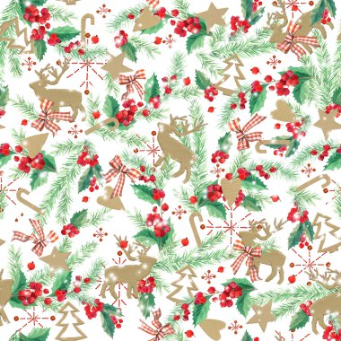 watercolor watercolor winter holidays background. illustration Christmas tree, mistletoe branch, mistletoe berry, snowflake. watercolor texture background