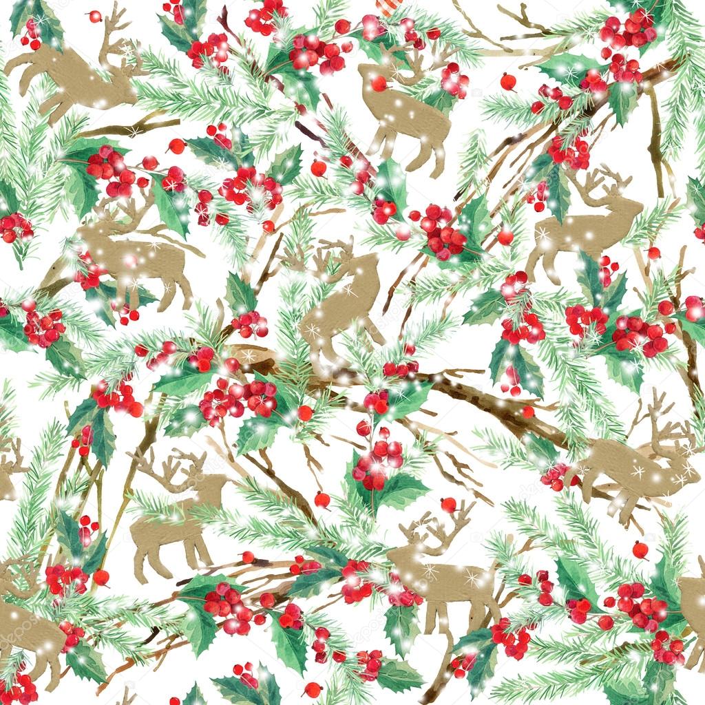 watercolor winter forest background. illustration Christmas tree, mistletoe branch, mistletoe berry, snowflake. watercolor texture background