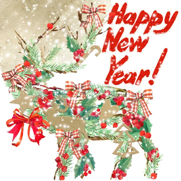 Watercolor Christmas reindeer. Wish Happy New Year text. watercolor winter holidays background. Stockfoto