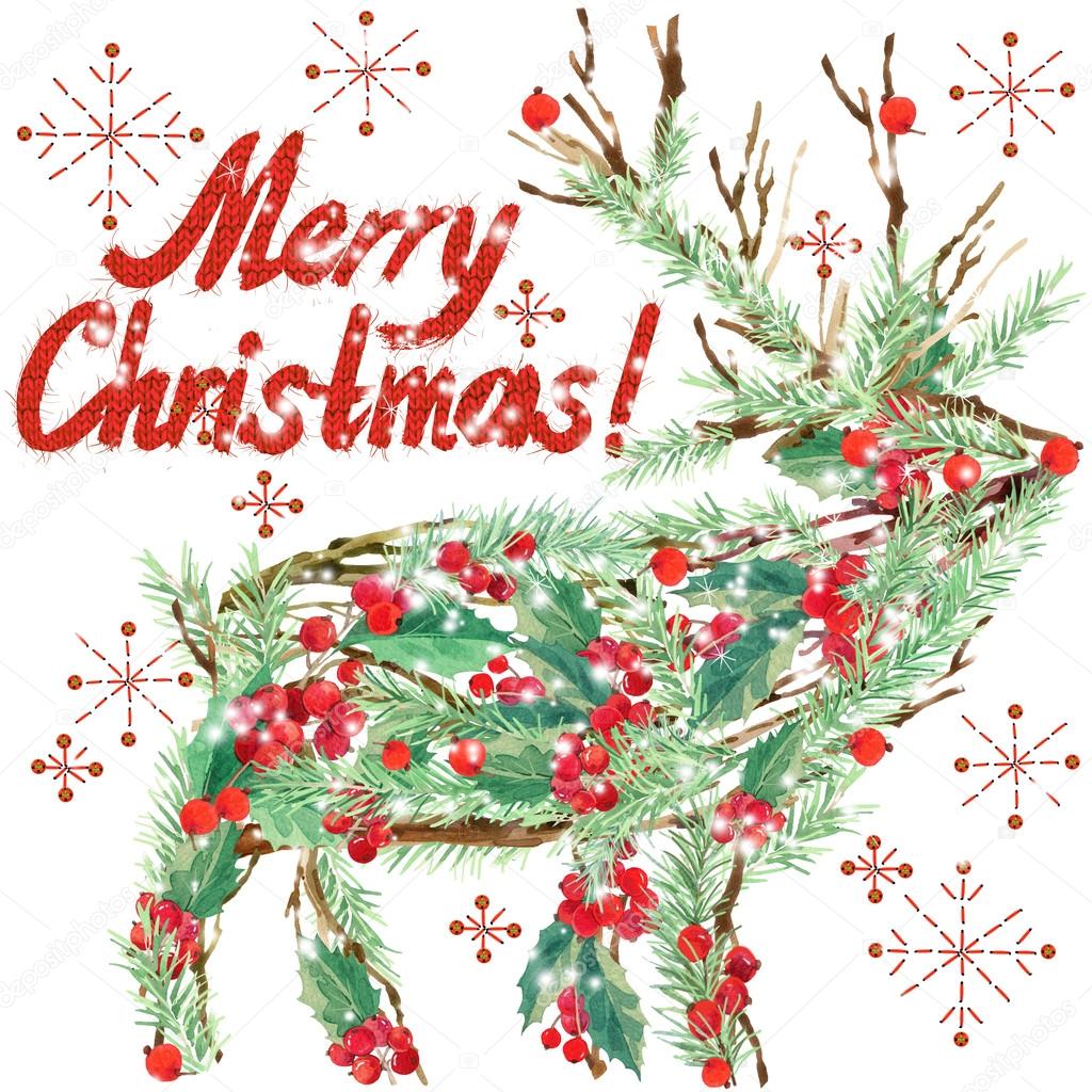watercolor Christmas reindeer. Wish Merry Christmas text. watercolor winter holidays background.