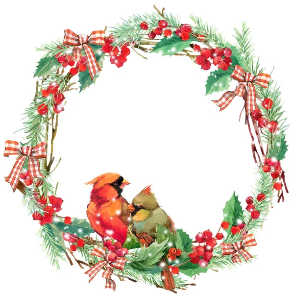 Aquarell Weihnachtskranz Rahmen und Vogel. — Stockfoto