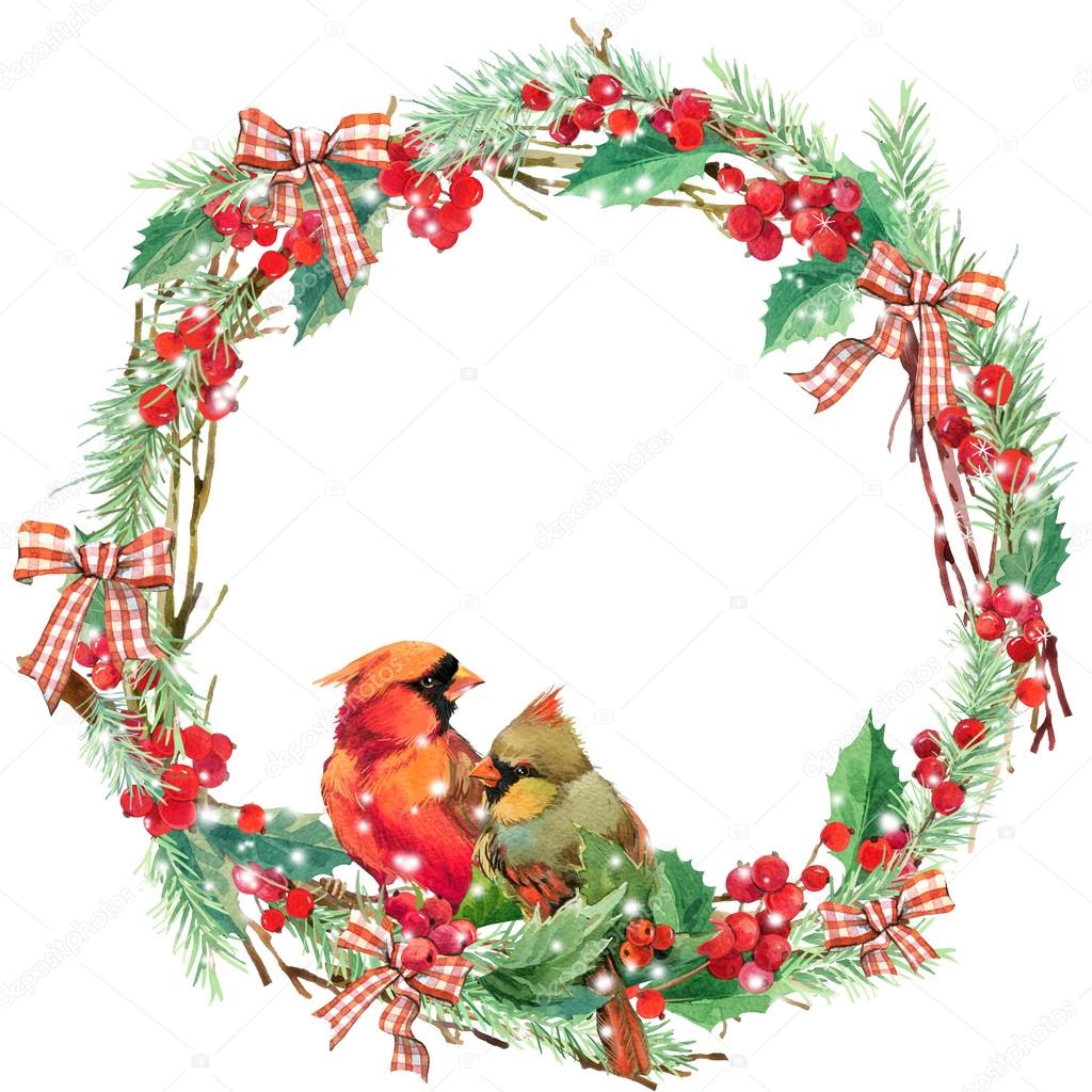 watercolor Christmas wreath frame and bird.