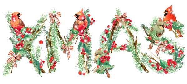 Weihnachten im Hintergrund. Aquarell Weihnachtsbaum, Vogel, Stechpalme Zweige, Schnee, Schneeflocke, Waldbaumzweig Hintergrund. Stockbild