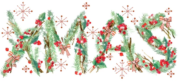 Xmas background. watercolor Christmas tree, holly branches, snow, snowflake, forest tree branch background. Royaltyfria Stockfoton