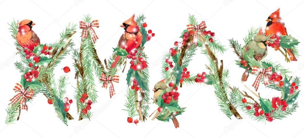 Xmas background. watercolor Christmas tree, bird, holly branches, snow, snowflake, forest tree branch background.