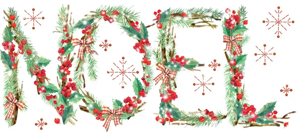 Watercolor Christmas background. Noel text, — стокове фото