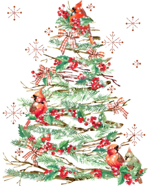 Watercolor bird and Christmas tree background. Stockfoto