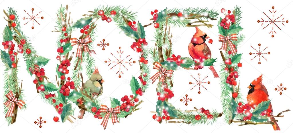 watercolor bird and Christmas tree background.