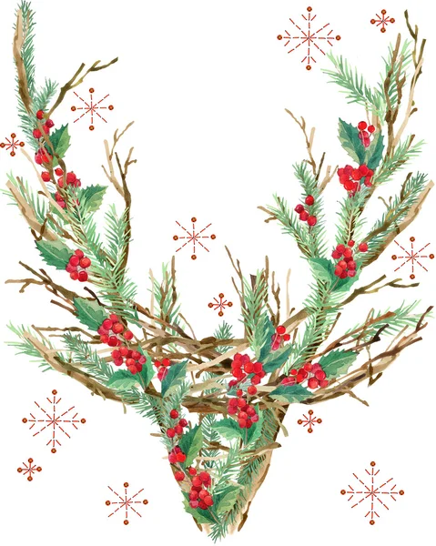 Watercolor Christmas reindeer. watercolor winter holidays background. illustration Christmas tree, reindeer, mistletoe branch, mistletoe berry, snowflake. Holiday Design — Stok fotoğraf