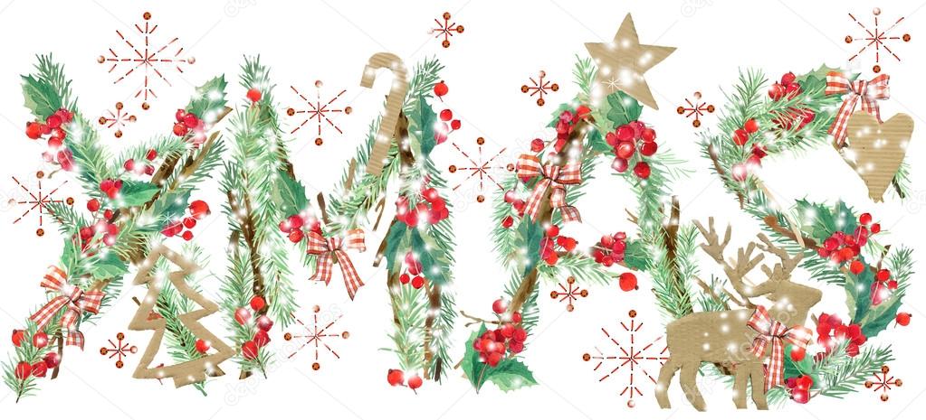 Xmas. watercolor Christmas background.watercolor winter holidays background. Christmas tree, holly branches, mistletoe berry, snowflake. Holiday Design