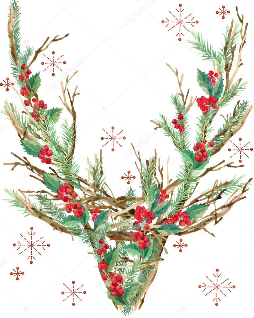 watercolor Christmas reindeer. watercolor winter holidays background. illustration Christmas tree, reindeer, mistletoe branch, mistletoe berry, snowflake. Holiday Design