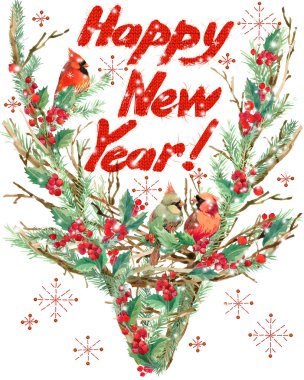 Happy New Year. watercolor Christmas reindeer. and bird. watercolor winter holidays background. illustration Christmas tree, reindeer, mistletoe branch, mistletoe berry, snowflake. Holiday Design