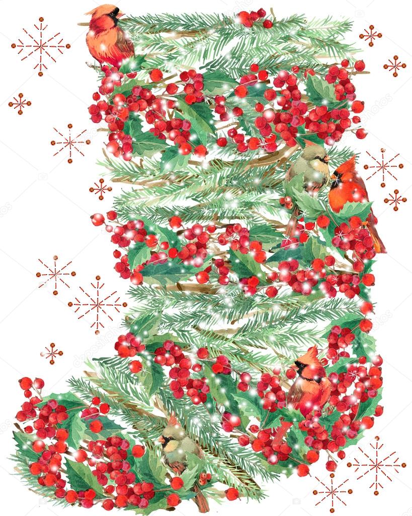 watercolor Christmas Santa sock and bird. watercolor winter holidays background. Christmas tree, holly branches, mistletoe berry, snowflake. Holiday Design