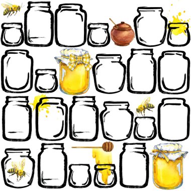 watercolor honey background . Honey, bee, glass jars honey background. Jar of honey. production of honey.