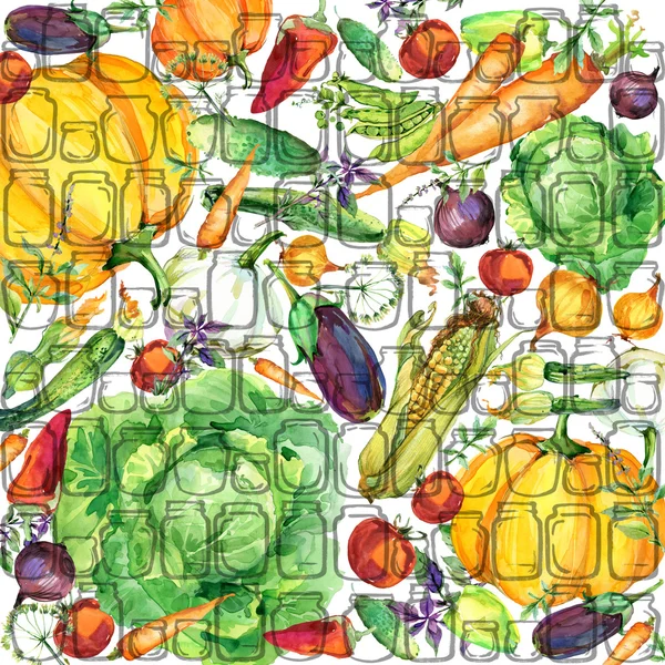 Verduras. acuarela huerta orgánica vegetal ilustración. acuarela Conservas de verduras y hierbas de fondo. Fondo de verduras en vinagre — Foto de Stock