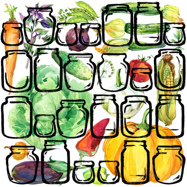 Verduras. acuarela huerta orgánica vegetal ilustración. acuarela Conservas de verduras y hierbas de fondo. Fondo de verduras en vinagre —  Fotos de Stock