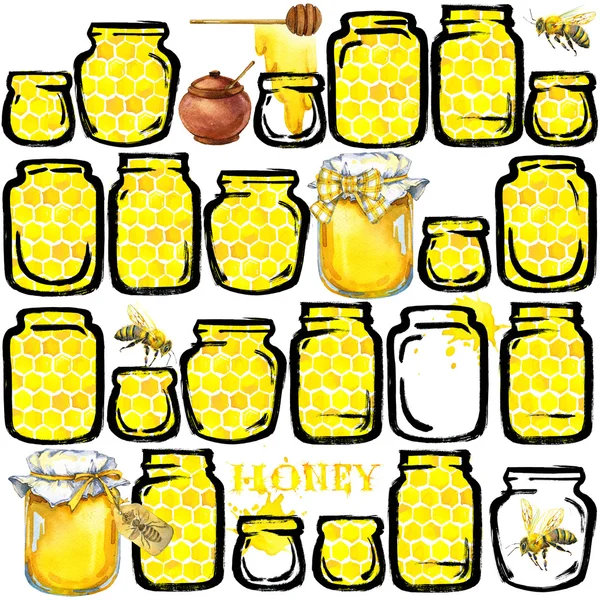 Watercolor honey background . Honey, bee, glass jars honey background. Jar of honey. production of honey. — Stockfoto