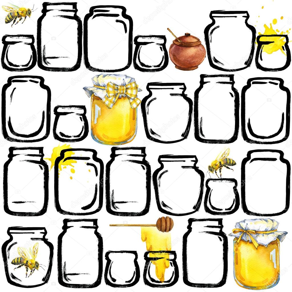 Watercolor honey background . Honey, bee, glass jars honey background. Jar of honey. production of honey.