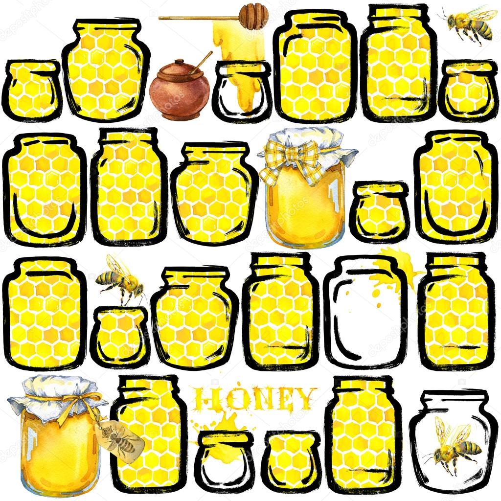 Watercolor honey background . Honey, bee, glass jars honey background. Jar of honey. production of honey.