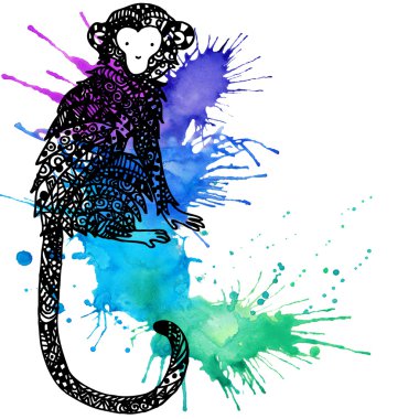 Monkey Year. New year and Christmas watercolor background with monkey. Monkey graphics. watercolor firework texture illustration.