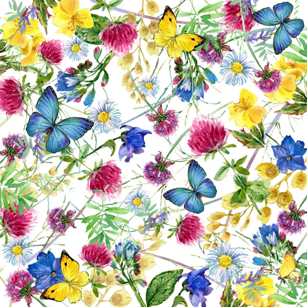 Watercolor flowers and butterflies. wildflowers background. garden flowers background — Stock Photo, Image