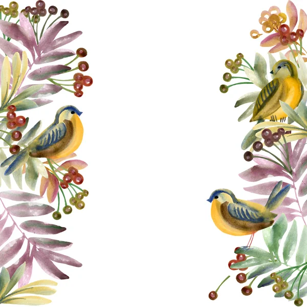 Aquarell Vogel, Blumen und Pflanzen. Aquarell floralen natürlichen Hintergrund. Aquarellmalerei. Vogel, Rose, Blätter und Beeren Hintergrund. — Stockfoto