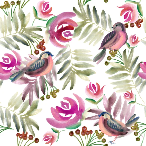 Akvarell fågel, blommor och växter. akvarell blommig naturliga bakgrund. akvarellmålning. fågel, ros, blad och bär bakgrund. — Stockfoto