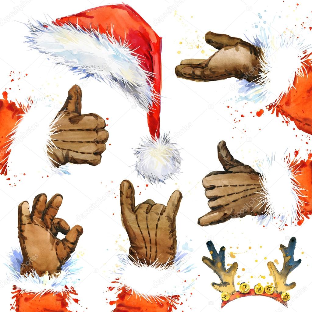Watercolor Santa Claus hand and hat set. Santa Claus hand showing thumbs up ok sign, hand presenting your text or product, sign call me reindeer antlers. New Year and Christmas  decorative elements