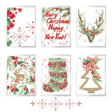 Noel arka plan. Sulu Boya Noel ağacı, Ren geyiği, holly dalları, kar, kar tanesi, Orman ağacı dalı arka plan. Yeni yıl ve neşeli Noel kartı ayarlayın. Kış tatili tasarım.