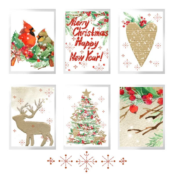 Christmas background. watercolor Christmas tree, reindeer, holly branches, snow, snowflake, forest tree branch background. New Year and Merry Christmas card set. Winter Holiday Design. — Stock Photo, Image