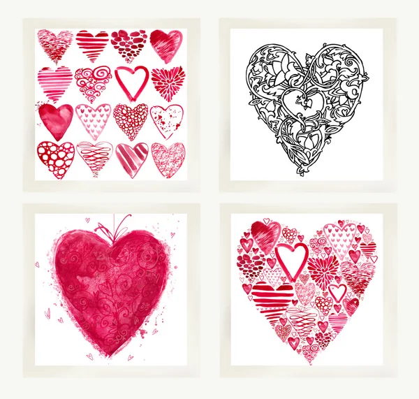 Set de San Valentín para tarjetas de felicitación navideñas. Corazón de San Valentín. Fondo del corazón de San Valentín. Conjunto de tarjetas de felicitación del día de San Valentín. Día de San Valentín dibujo a mano gráficos Diseño . — Foto de Stock