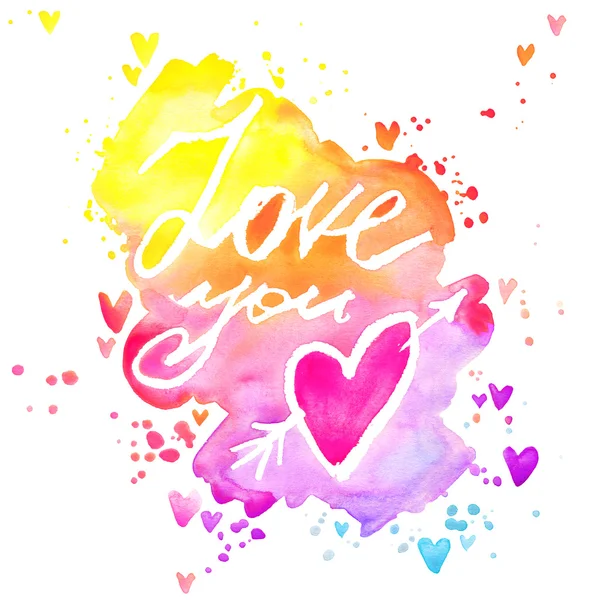 Lieben Sie Schriftzug Hintergrund. Valentin-Tageskarte. abstrakte Aquarell Hintergrund mit bunten Herzen. liebe deinen handschriftlichen Text. liebe dich Text-Aquarell. Valentinstag Aquarell Hintergrund — Stockfoto