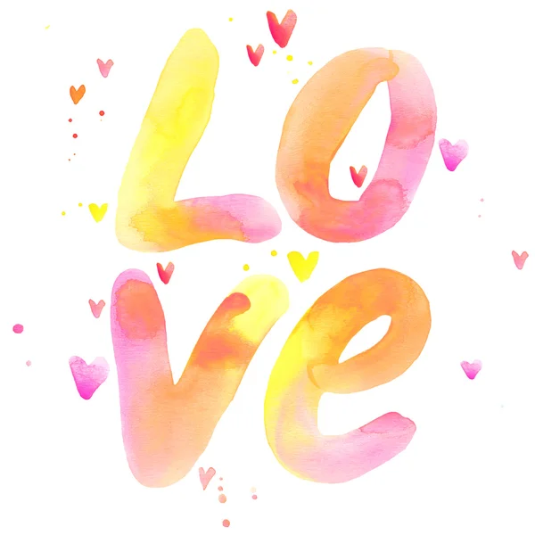 Love lettering background. Valentines day card. Holiday abstract watercolor background with colorful hearts and handwriting text. Valentines day watercolor background — ストック写真